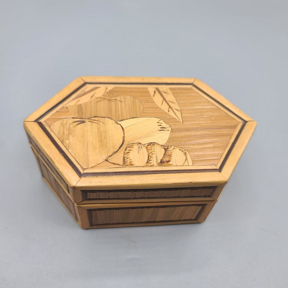 Bamboo Reed Trinket Box With Hinge Lid Keepsake Storage Carved Vegetables Top